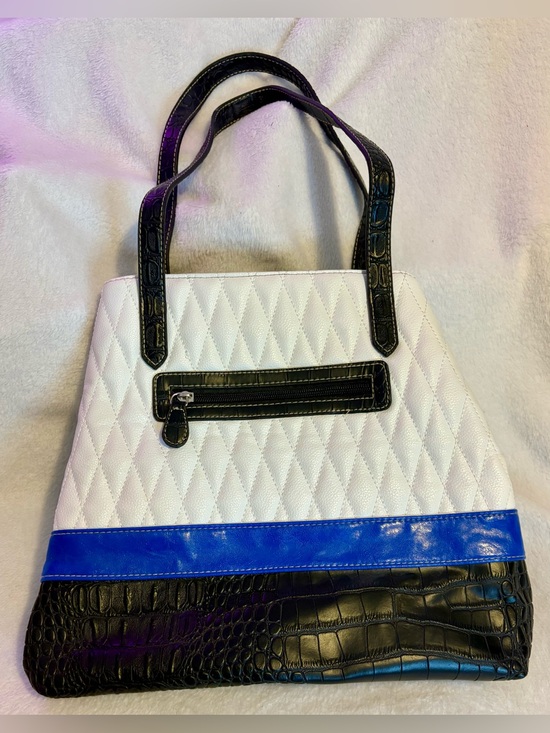 Emma James Handbags - Emma James White Quilted Tote with Black Croc Trim and Blue Band